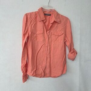 Mark Shale Linen Button Up Shirt Womens 10 Coral Orange Roll Tab Utility